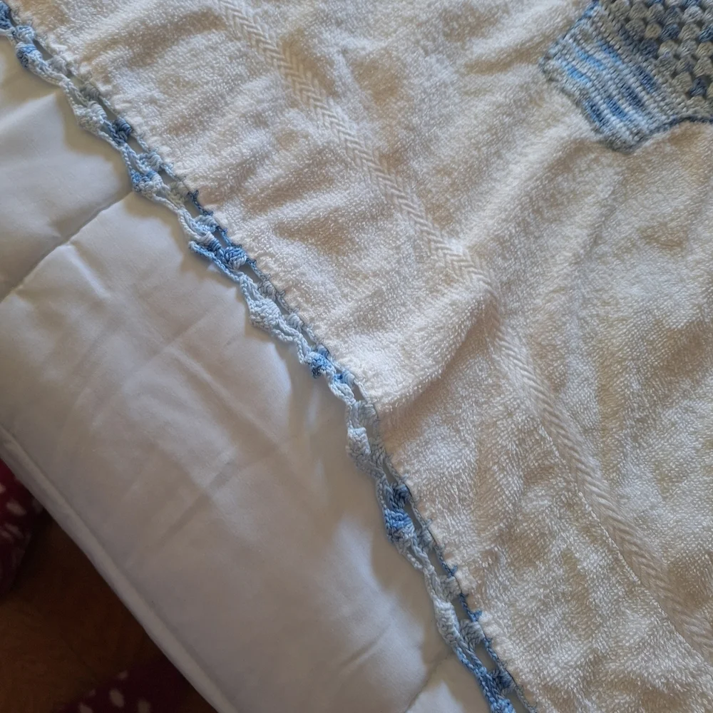 Hand Crafted Cream Bath Towel with Blue Crochet Basket Accent